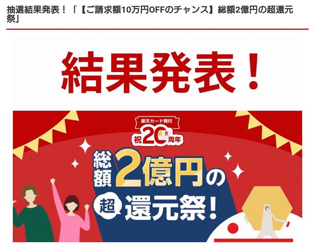 楽天カード発行祝20周年 総額2億円の超還元祭! 請求額10万円オフに当選!!