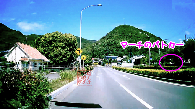 坂出市大屋冨町 県道186号線 船玉神社前の交差点での一時不停止違反取り締まり その2